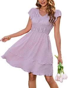 Women's Short Sleeve V Neck Tiered Dress Casual Loose Flowy Swing A-Line Dress - Picture 1 of 34