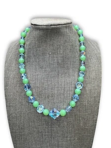 Sterling Silver Necklace Green Glass Blue Aurora Borealis Crystal 16.5" - Picture 1 of 4