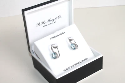 Brincos femininos R.H. Macy's prata esterlina 0,925 topázio azul genuíno e diamante - Imagem 1 de 3