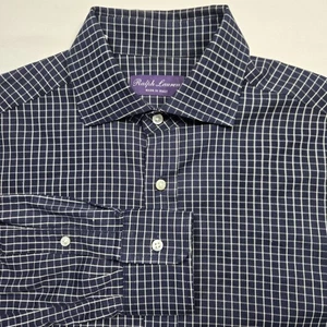 Ralph Lauren Purple Label Shirt Mens 14.5 Navy Blue Check Cotton Made in Italy - Picture 1 of 9