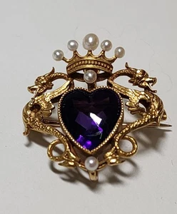 Jugendstil 14K massiv YG Amethyst & Saatperle Dagon Anhänger Pin Uhrenhaken - Bild 1 von 13