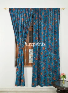 Boho Cotton Velvet Curtains Teal Blue Luxury Drapes Customizable - Picture 1 of 7