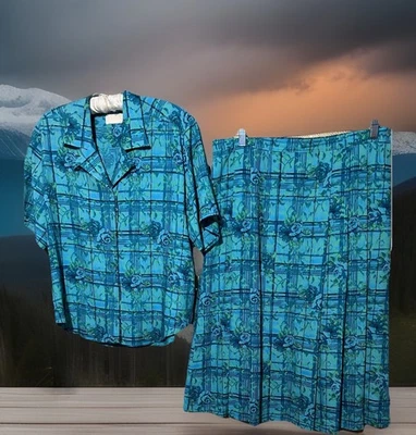 Conjunto de 2 piezas de top y falda floral Pendleton vintage camisa de campamento verde azulado + midi talla 18 Foto 1 de 4