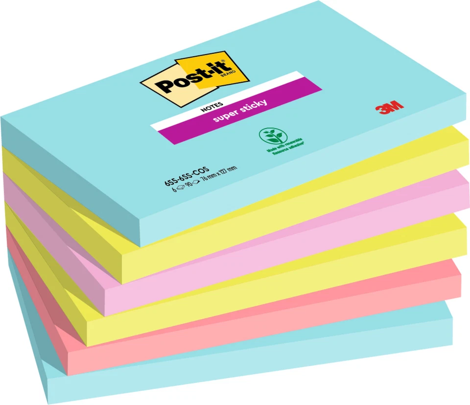 Post-it Super Sticky Notes Haftnotizen Klebezettel 76x127mm, 90 Blatt, 6 Blöcken