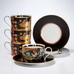 Rimpa Gemälde Masuda Yokohama Japan 4 Kaffee Tee Tassen 3 Untertassen Lot Iris Apfel - Bild 1 von 8