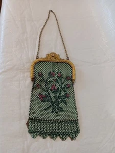 Mandalian antiguo 1920 Art Deco Mfg. Cartera de cadena con solapa de malla verde/rosa agua - Imagen 1 de 6
