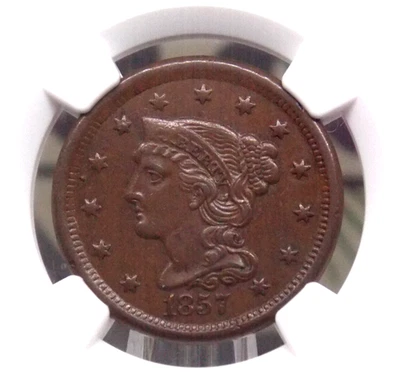 1857 Braided Hair Large Cent *SMALL DATE* 1c NGC AU58 BN CAC #003 About Unc - Image 1 of 4