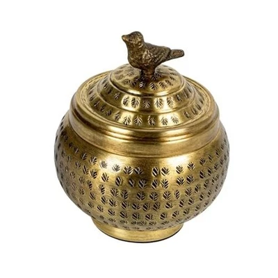  Contenedor redondo de metal martillado con remate, acabado latón pájaro Foto 1 de 4