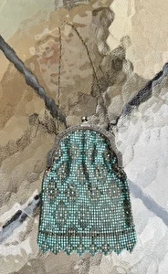 Antique Vintage Art Deco Whiting & Davis Teal Blue Enamel Mesh Flapper Purse Bag - Picture 1 of 16