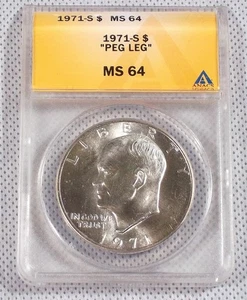 1971-S Eisenhower Silver Dollar Peg Leg Variety FS-401 DDO-009 ANACS MS64 #6994 - Picture 1 of 4