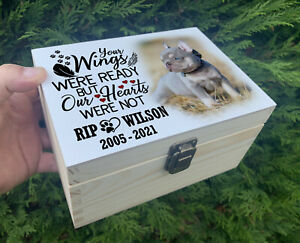 Small personalised wooden urn casket, Personalised pet dog memory keepsake box.