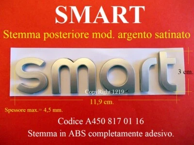 SMART ARGENTO SATINATO FORTWO FORFOUR Stemma POSTERIORE Badge Emblema Fregio Log - Immagine 1 di 4