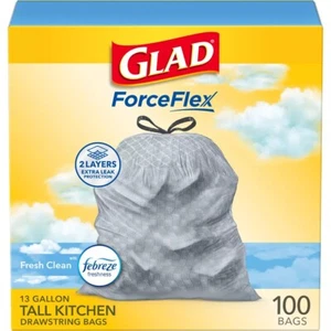 Glad ForceFlex Tall Kitchen Drawstring Trash Bags -Febreze Fresh Clean-13 Gallon - Picture 1 of 15