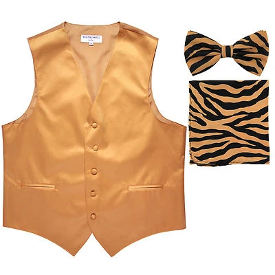 New Men's gold Vest Tuxedo Waistcoat tan ZEBRA Bowtie Hankie set XS to 6XL - Image 1 of 4
