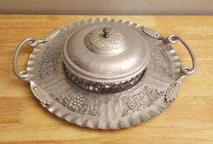 RARE Vintage Antique Hammered  Aluminum Tray/Glass Snack Bowl w/ Lid Vine Handle - Picture 1 of 6