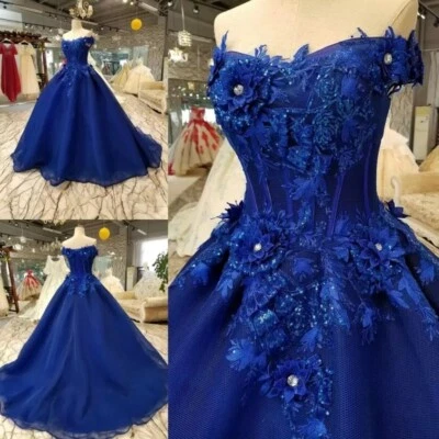 Royal Blue Quinceanera Dresses Ball Gown 3D Flower Applique Prom Party Dress  - Image 1 of 4