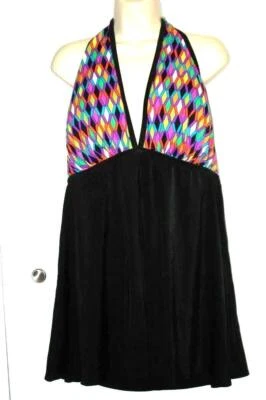 LONGITUDE Swimdress Size 20W Window Pane Tummy Control Halter Resort Beach New - Image 1 of 3
