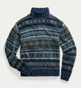 Maglione RRL Ralph Lauren blu navy Fair Isle spesso girocollo uomo small S - Foto 1 di 4