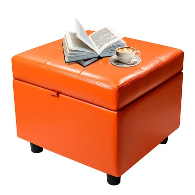 Tufted Leather Square Flip Top Storage Ottoman Cube Foot Rest Orange w/ Storage - Image 1 of 4