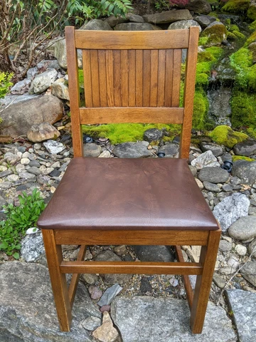 Vintage Mission-style Slat Back Solid Oak Desk Chair w/Leather Seat Cushion Cover