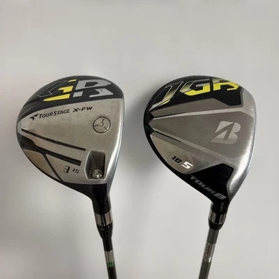 Juego de 2 piezas Bridgestone 3W (15) y 5W (18), diestro, eje de grafito (SR) usado Foto 1 de 4