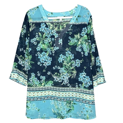 J Jill Top 2X Camisa Azul Floral Flor Manga 3/4 Cuello en V Túnica Transparente Ligera Foto 1 de 4