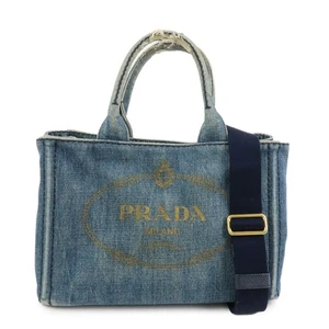 PRADA Logo Canapa Mini Denim 2Way Bag Hand Bag Shoulder Bag 1BG439 Auth Used F/S - Picture 1 of 24