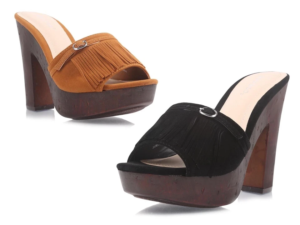 Sandalia BAMBOO Mule Peep-Toe Cubana Tacones Altos Plataforma Mujeres Zapatos con Flecos Foto 1 de 1