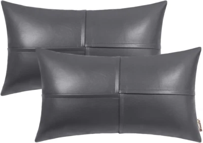 Faux Leather Throw Pillow Covers 12 X 20 Inches, Gray Leather Lumbar Pillow Cove - Image 1 of 4