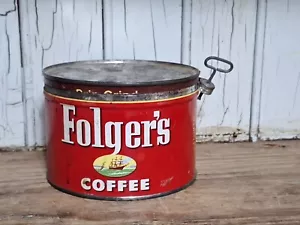 1953 VINTAGE FOLGER'S COFFEE REGULAR GRIND TIN CAN 1 POUND KEY WIND ATTACHED ! - Picture 1 of 10
