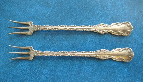 2 VINTAGE BAIRD NORTH CO. STERLING SILVER 5 1/2" PICKLE/OLIVE FORKS PAT. 1891 Cover