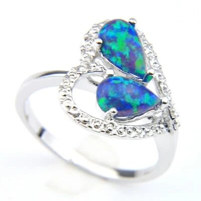 Anillos de mujer de plata con piedras preciosas de ópalo de fuego azul de doble gota de corazón talla 7 8 9 de EE. UU. Foto 1 de 4