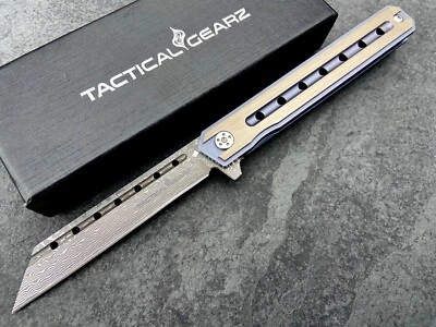 Full Tc4 Titanium EDC Folding Knife! Damascus Steel Tanto Blade! Ball Bearing! - Image 1 of 4