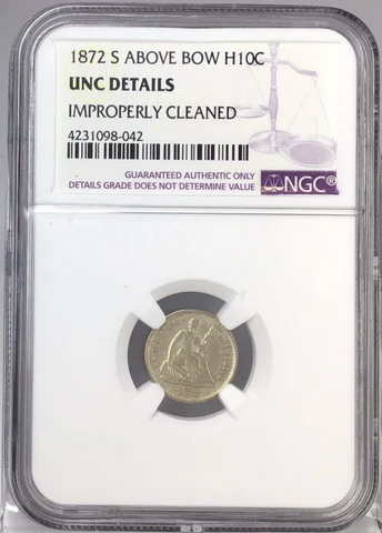 1872-S H10C Seated Liberty Half Dime NGC UNC Details Above Bow # Cover