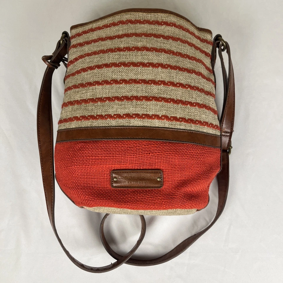 Bandolera Lucky Brand Naranja Rojo Tejido Correa de Cuero a Rayas Foto 1 de 4