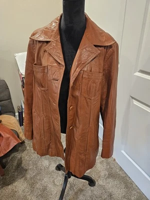 Винтажный 70-х Montgomery Ward кожевенный завод подпоясанный сожжен оранжевый кожаное пальто. Размер 22 - Изображение 1 из 4