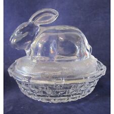 Bunny Rabbit on Basket Nest  Clear Glass Covered Candy Dish Unmarked Vintage GUC