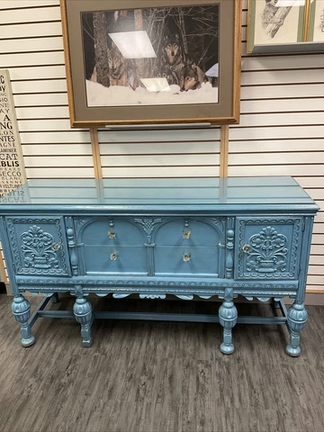 Antique buffet sideboard with glass top painted sky blue Cover