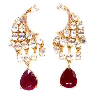 925 Plata de Ley 8 x 11 Mm. Rubí Rojo , Topacio Blanco & Zafiro Rosa Pendientes - Imagen 1 de 4