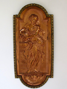 Antique Brass & Copper Classic Woman Pouring Water into Urn Relief  Wall Plaque