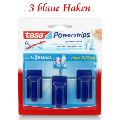 tesa Powerstrips® Haken - Selbstklebend o. Bohren -1 Pack = 3 Klebehaken blau  - Bild 1 von 4