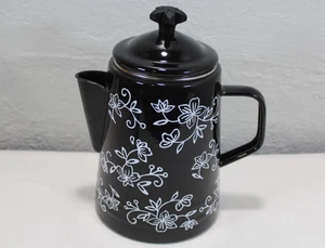 Temptations By Tara Black Lace/Floral Enameled Coffee Pot Percolator Stovetop - Picture 1 of 7