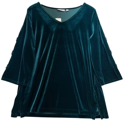 Женская мерцающая велюровая туника Susan Graver топ рукав 3/4 размер L зеленая эластичная - Изображение 1 из 4