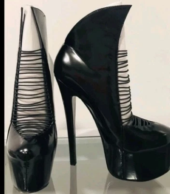 London Trash "Crime" Embossed Black Leather Goth Platform Heels Sz 8.5M - Image 1 of 4