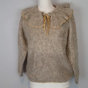 VTG 80s Barbara Hodes Mohair bl Turtleneck Sweater beige gold trim ruffle tie - Picture 1 of 12
