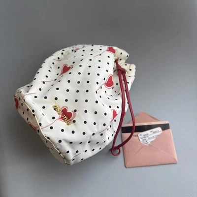 Miu Miu White Faille Drawstring Pouch Heart & Polka Dot Small Makeup Bag Japan - Image 1 of 4