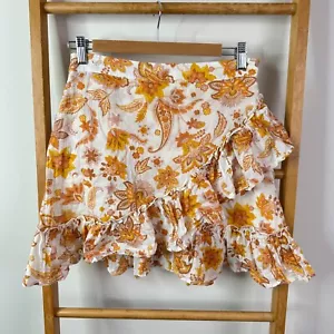 Ghanda Skirt Womens Small White Orange & Cream Floral Paisley Print Cotton Mini - Picture 1 of 10