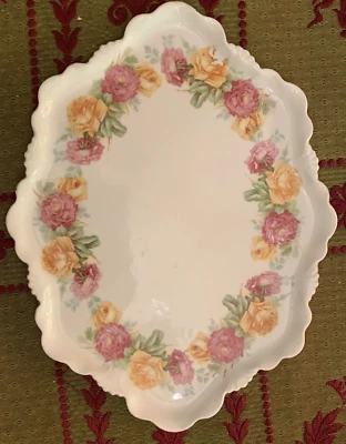 VICTORIAN TRAY/DISH Vintage BONE China w/Pink & Orange Roses - Image 1 of 4