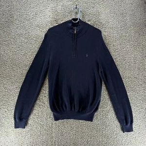 Polo Ralph Lauren Sweater Mens Medium Blue Waffle Knit Quarter Zip Pullover Pima - Picture 1 of 12