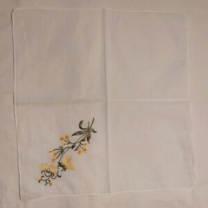Vintage White Silky Ladie's Handkerchief Yellow Floral Stemmed Flowers
